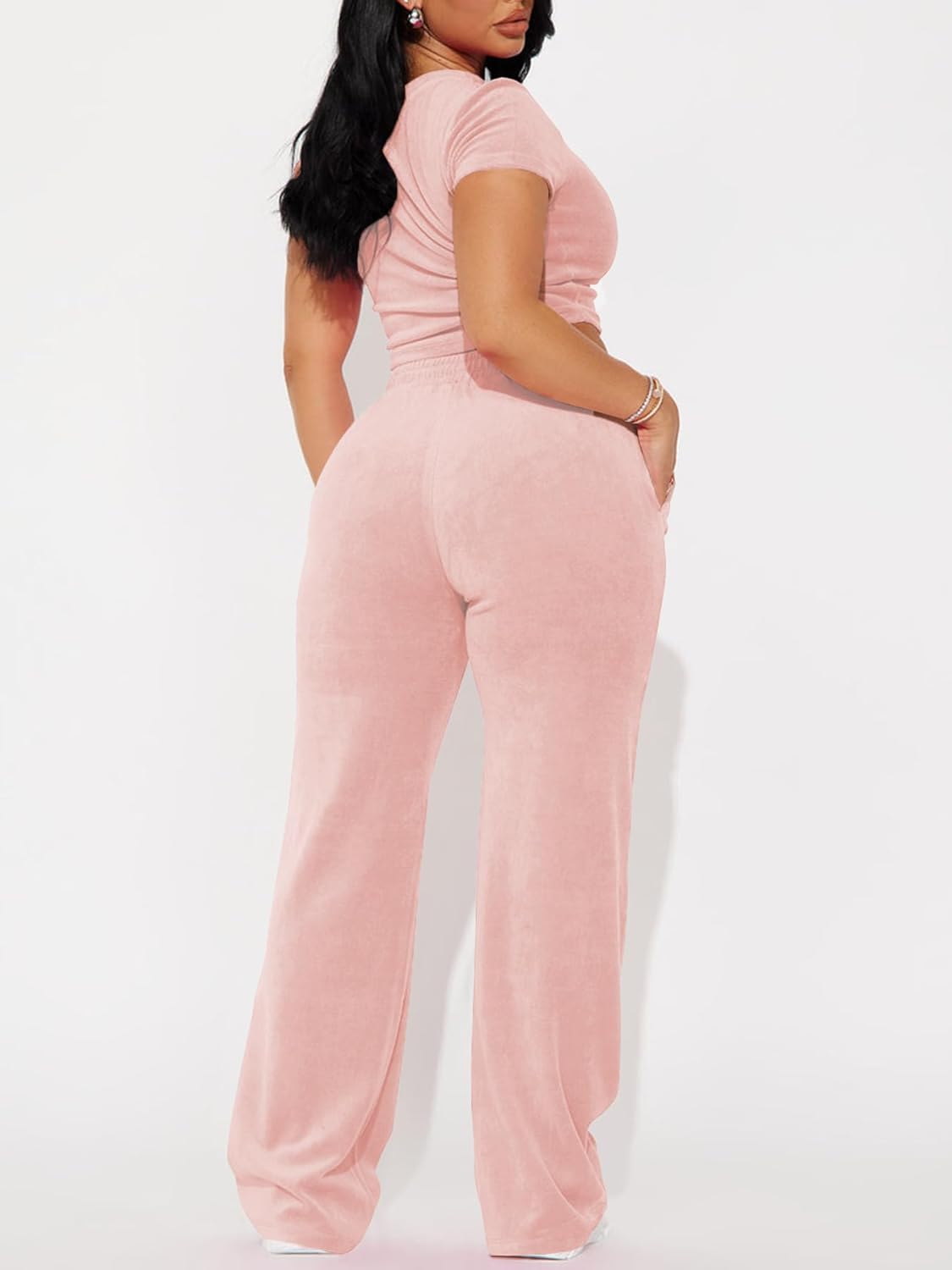 SMSN Women 2 Piece Outfits Velvet Sweatsuit Set Casual Short Sleeve Pullover Tops and Wide Leg Sweatpant Tracksuit Sets