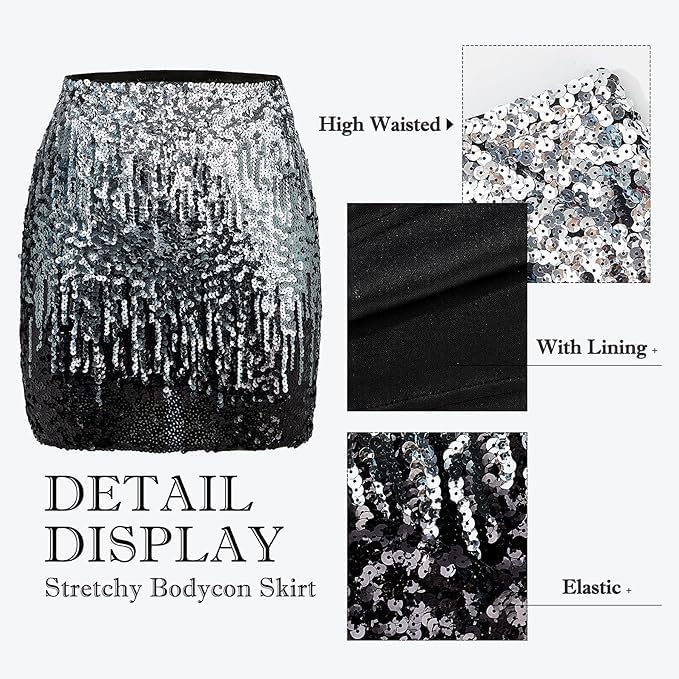 Zando Women's Sequin Skirt Sparkle Stretchy Glitter Sequin Bodycon Sparkly Skirt Mini Skirt for Night Out Party - Image 7