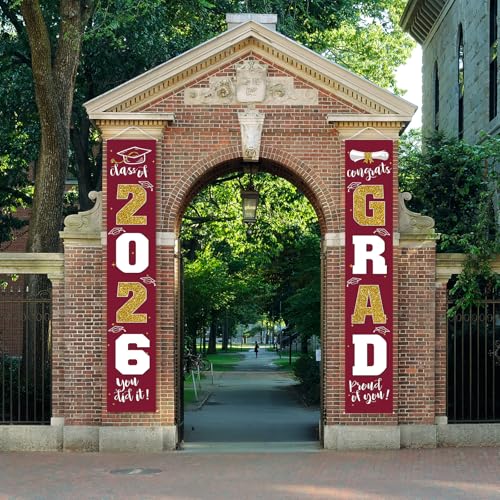 Image of Graduation Decorations 2026 Banner Porch Sign Maroon Burgundy Red Gold for Class of 2026 Graduates Party Supplies