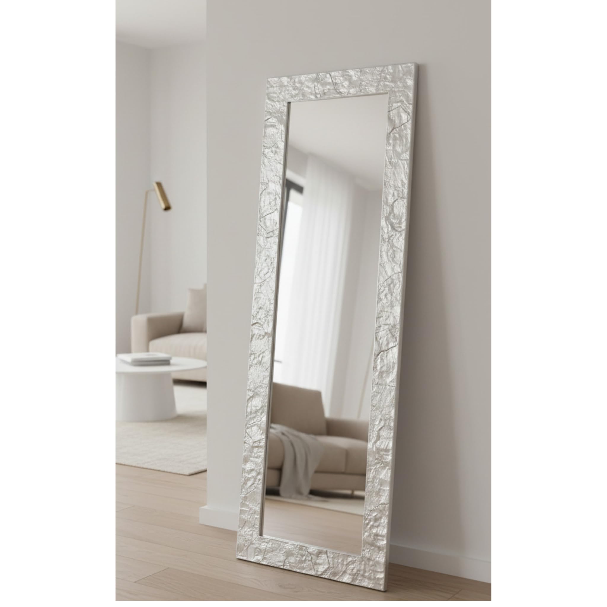 MO.WA Specchio da Parete Argento Cornice Legno Abete cm. 50x145 da Appendere al Muro Verticale Orizzontale o appoggio per Ingresso Camera da Letto Soggiorno - Made in Italy.