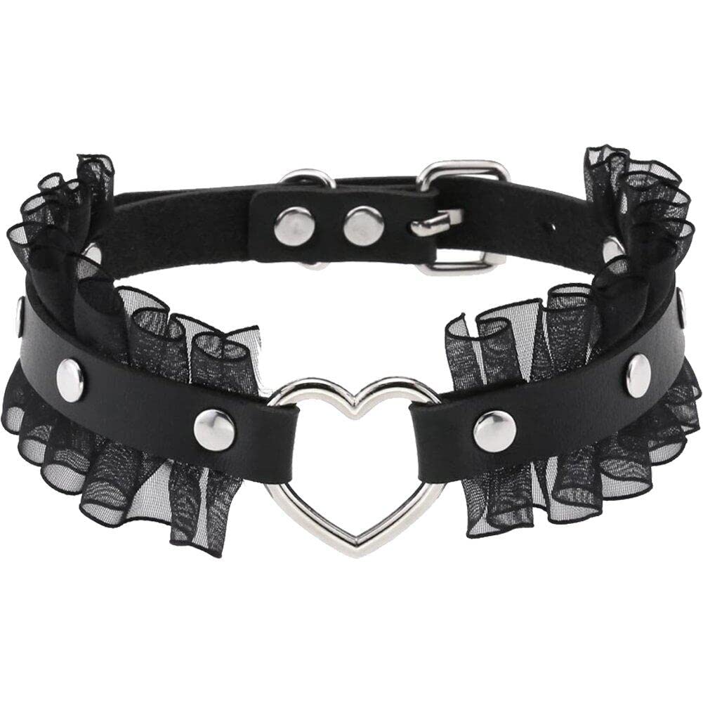 Sanfly Punk Pu Leather Goth Choker Collar Adjustable Vintage Gothic Heart Leather Lace Choker Choker Necklaces for Display