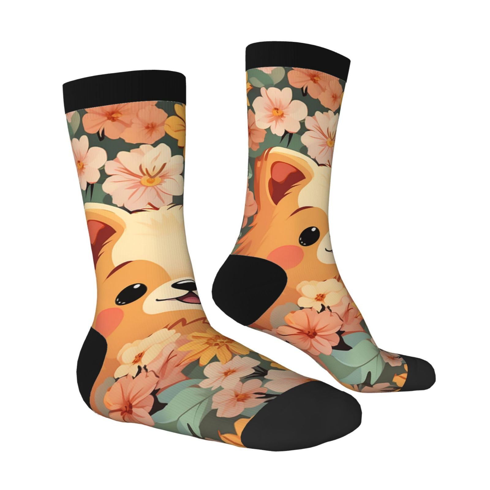LZQPOEAS Pomeranians Cartoon Flowers Athletic Socks Unisex Cushioned Crew Socks Hiking Running Calf Sock Soft Above Ankle Sock