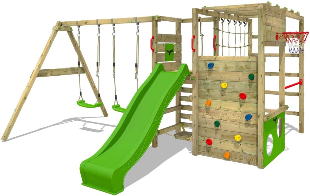 FATMOOSE Wooden climbing frame ActionArena Air XXL with swing set & apple green slide, Outdoor kids playhouse with sandpit, climbing ladder & play-accessories for the garden