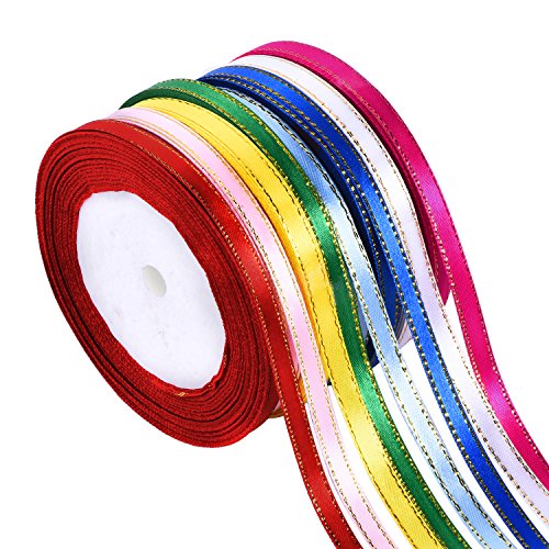 Shappy 8 Rolls 1/4 Inch by 25 Yard Satin Ribbon Double Face Ribbon Fabric Ribbon with Golden Edges, 8 Colors