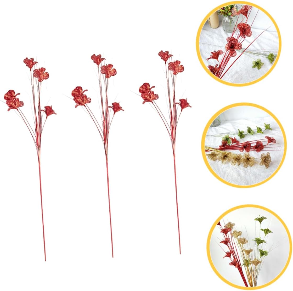 3pcs Glitter Artificial Flower Stems Poles for Christmas Decoration Stylish Faux Flower Arrangement for Bouquets and Table Decor for Home and Holiday Celebrations