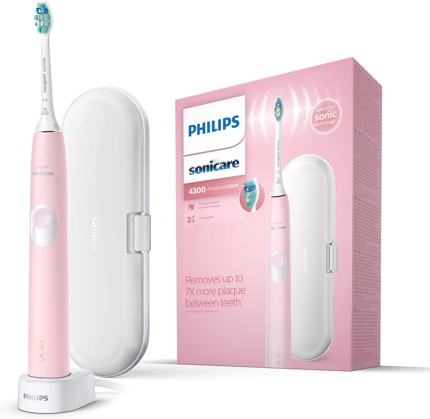Sonicare ProtectiveClean 4300 Electric Toothbrush, Sonic Toothbrush with Two Intensity Levels, Pressure Sensor and Timer, Pink, Model HX6806/03