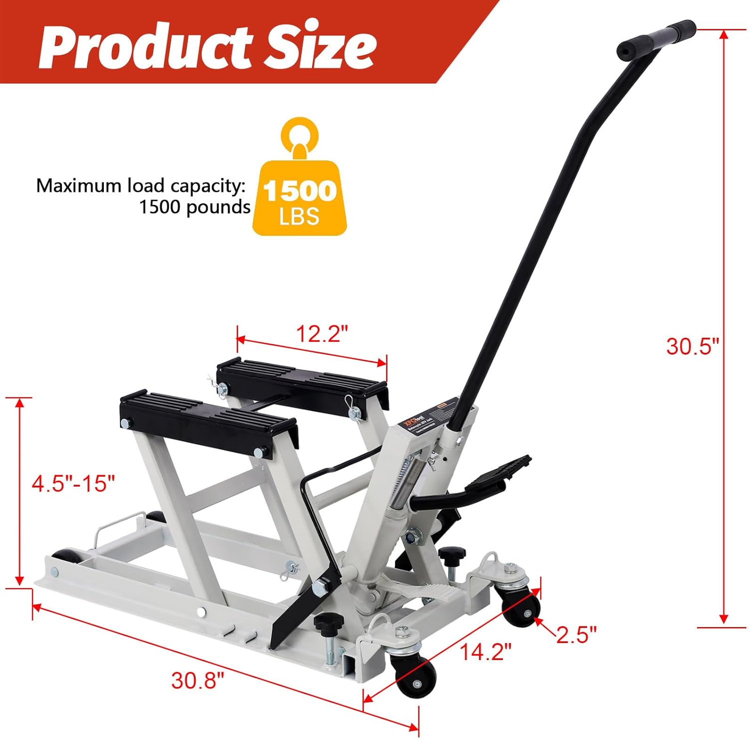 Hydraulic Motorcycle Lift Jack, 1500 LBS Capacity ATV Scissor Lift Jack, Portable Motorcycle Lift Table with 4 Wheels, Hydraulic Foot-Operated Hoist Stand (Gray)