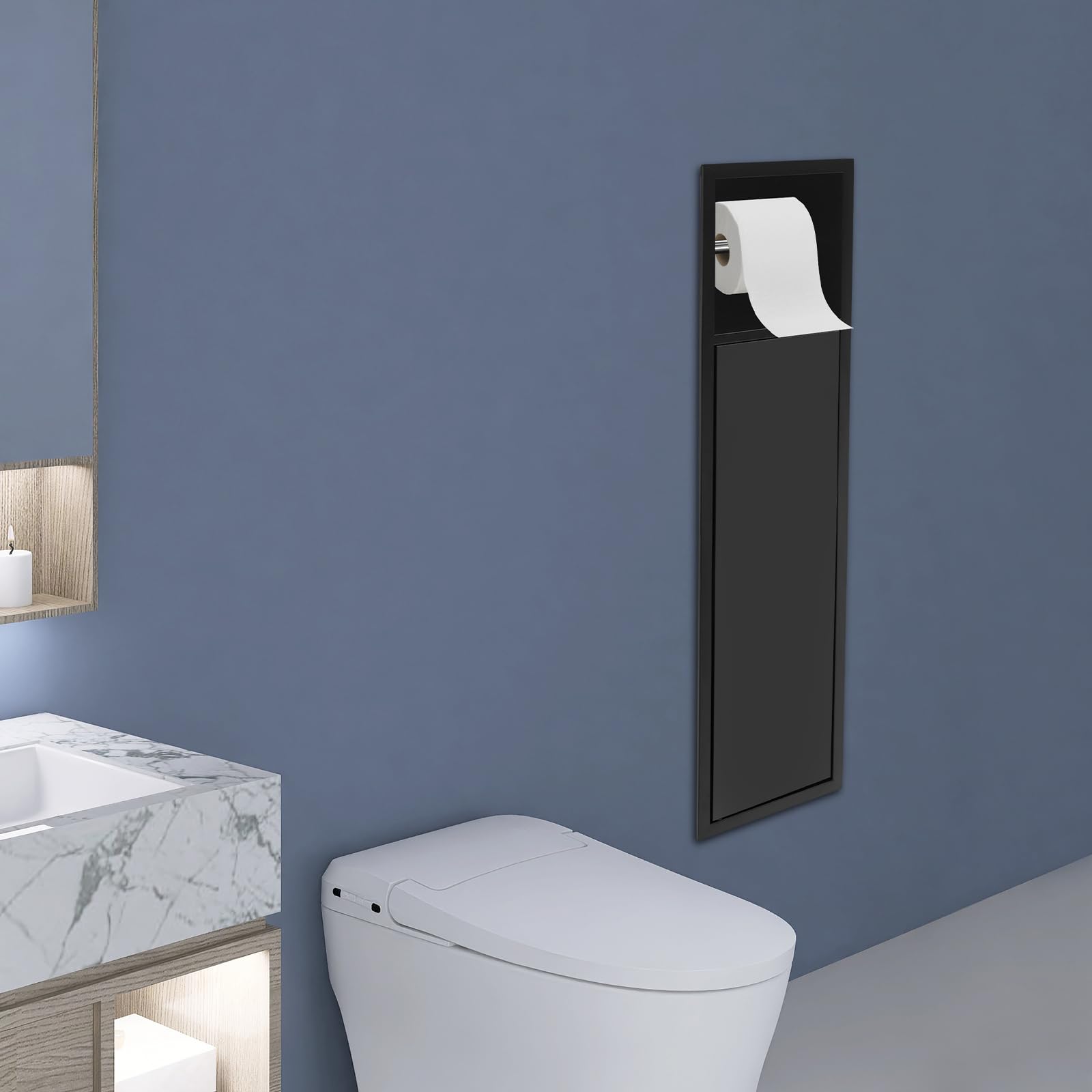 Porta carta igienica da incasso, in acciaio inox, con porta carta igienica e ante dell'armadio, armadietto per WC integrato, 63 x 15 x 15 cm (nero)