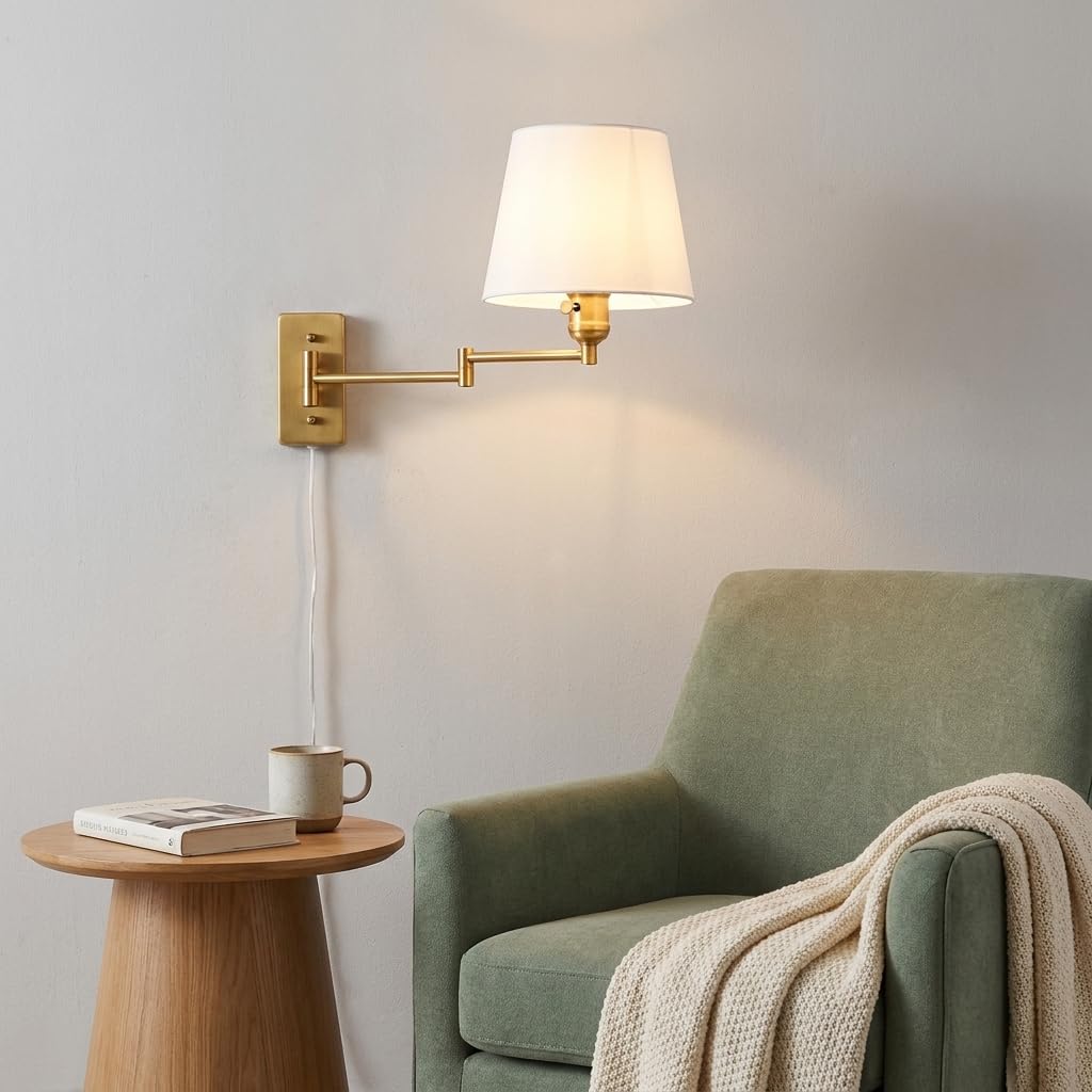 B·LED BARCELONA LED BarcelonaLED Gelenkarm Wandleuchte Modern Nordic Gold mit Stecker Kabel und Schalter Stoffschirm Weiß E27 Stecker zum Lesen Schlafzimmer Nachttisch Hotel