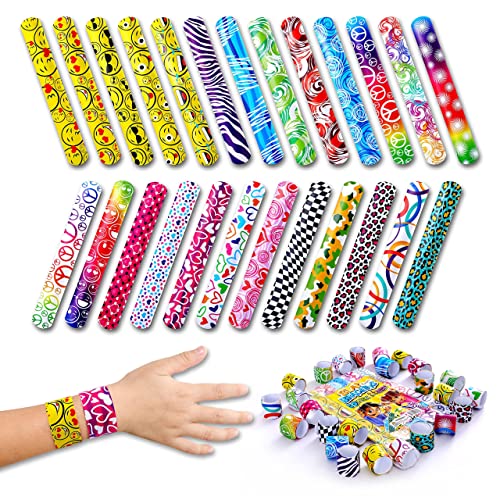 Easter Basket Stuffers-50 Pcs Slap Bracelets For Kids Party Favors | Snap Bracelets Pack Bulk Toys For Kids Prizes | 25 Unique Colorful Designs Wrist Bands Toddler Party Favors Bulk One Size Fits All #TOP3