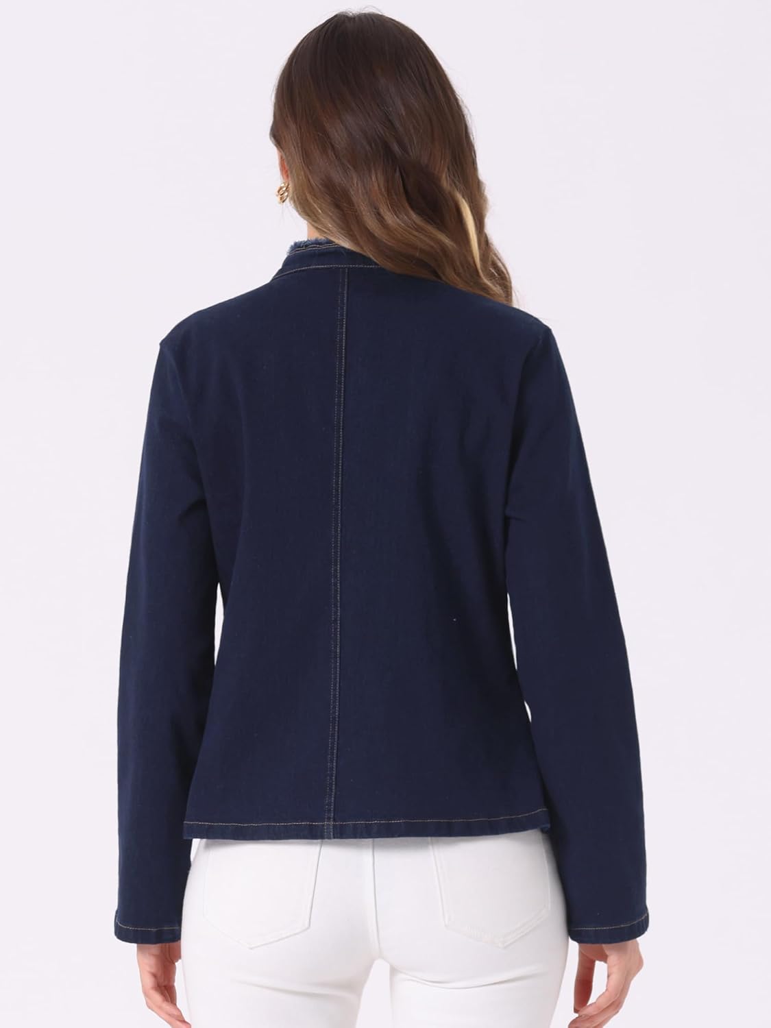 Allegra K Denim Blazer for Women's Open Front Stand Collar Jeans Jacket