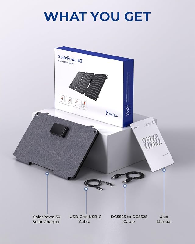 BigBlue 30W napelemes töltő állvánnyal, IP65 vízálló, USB-C és USB-A portokkal