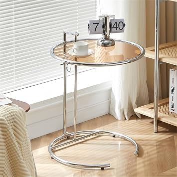 Tempered Glass Side Table, Round, Stylish, Height Adjustable, Width 19.7 inches 50 cm, 3 Adjustable Levels, Night Table, Living Room, End Table, Glass Top, Designers, Reproduct, Bedside