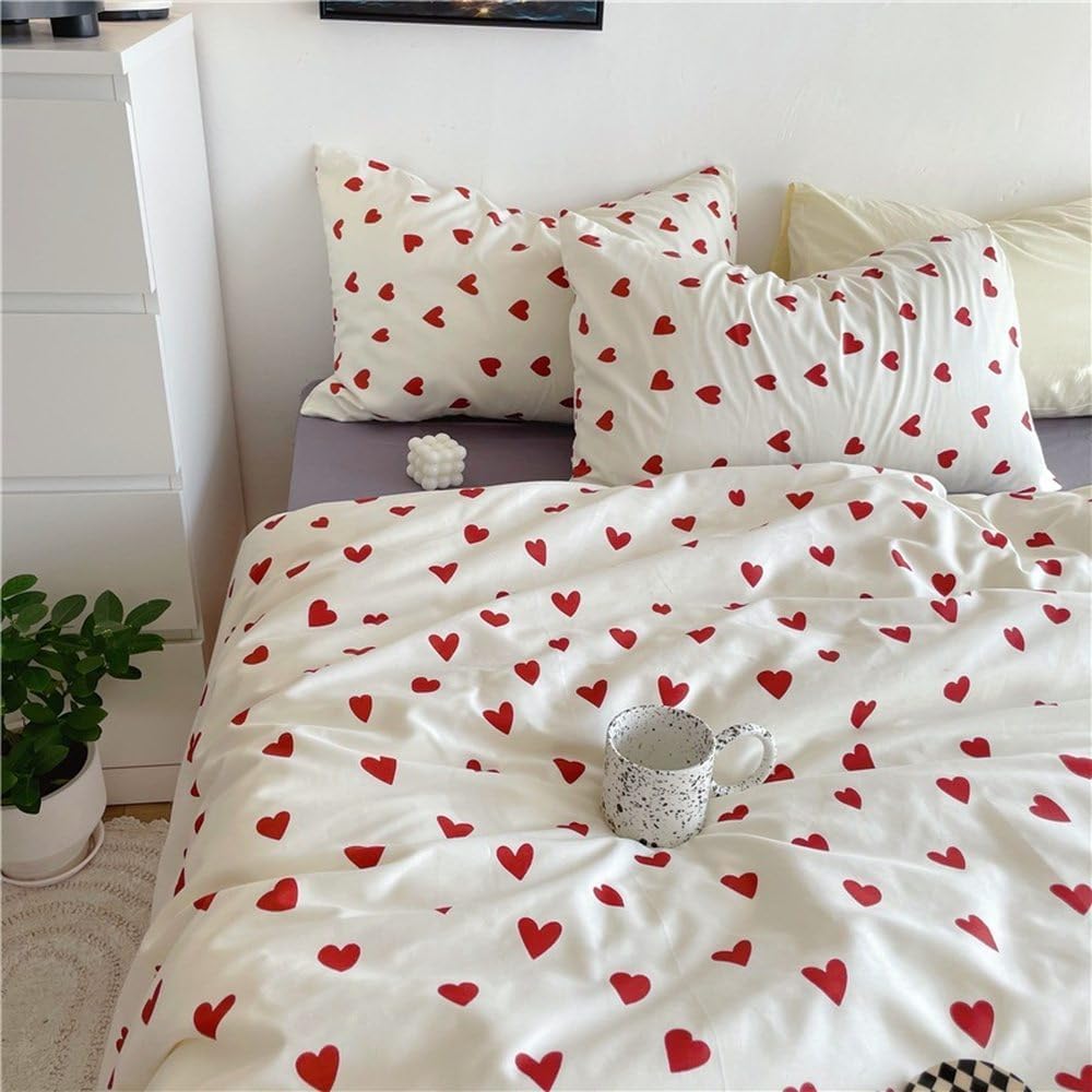Heart Duvet Cover Queen Red Love Heart Minimalist Design Bedding Set Modern Small Heart Pattern Reversible Comforter Cover Romantic Simple Home Decor Bedding for Men Women,White,Twin