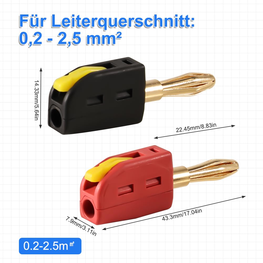 Wtyk bananowy 4 mm – 2 sztuki wtyków bananowych do głośników bananowych – złącze wtykowe do kabla audio, wzmacniacza, miksera, odbiornika, urządzeń stereo, montaż bez użycia śrub, pozłacane