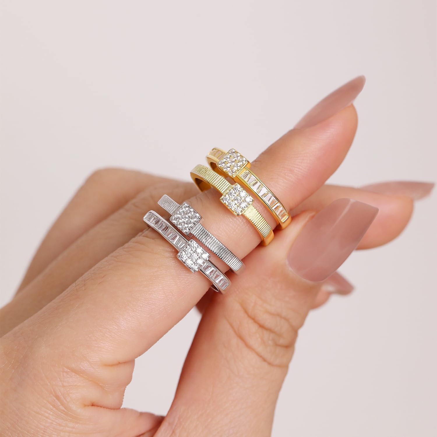 Meissa Gold Thumb Rings for Women, Baguette Luxe Ring Double Layered Stackable Silver Band with Cubic Zirconia Chunky Gold Rings Sizes 6-10