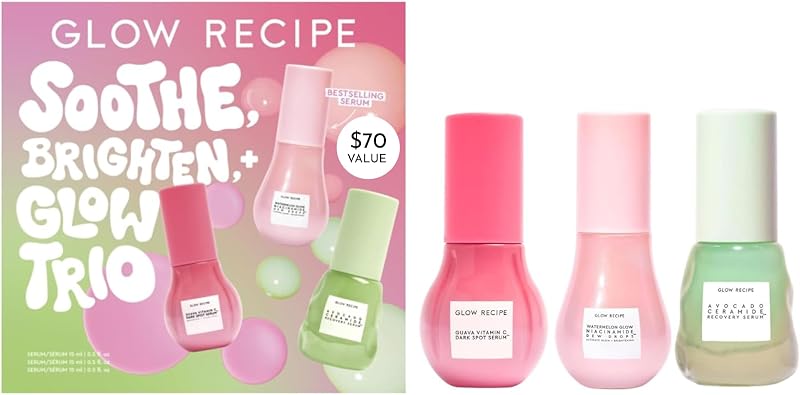 Set de regalo para calmar, brillar y brillar - Imprimación iluminadora de gotas de rocío de niacinamida y suero facial de ceramida de aguacate y suero para manchas oscuras de guayaba - Kit de viaje coreano para el cuidado de la piel (3 unidades)