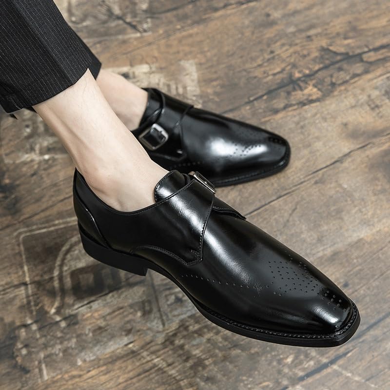 Men Hollow Monk Dress Shoes Comfort Orthopedic Casual Business Pointed Toe Non Slip Low Top Block Heel Anti-Slip Prom Wedding Slip-on French Leather2