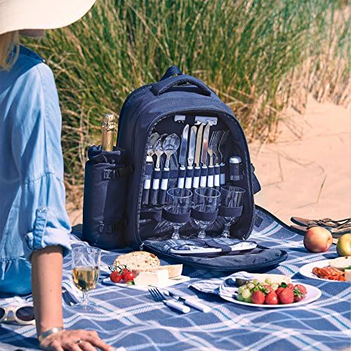 VonShef Picnic Backpack, 4 Person Navy Picnic Bag with Full Dining & Cutlery Set, Insulated Cooler Compartment & Large Waterproof Picnic Blanket, Lightweight Water Resistant Camping Accessories