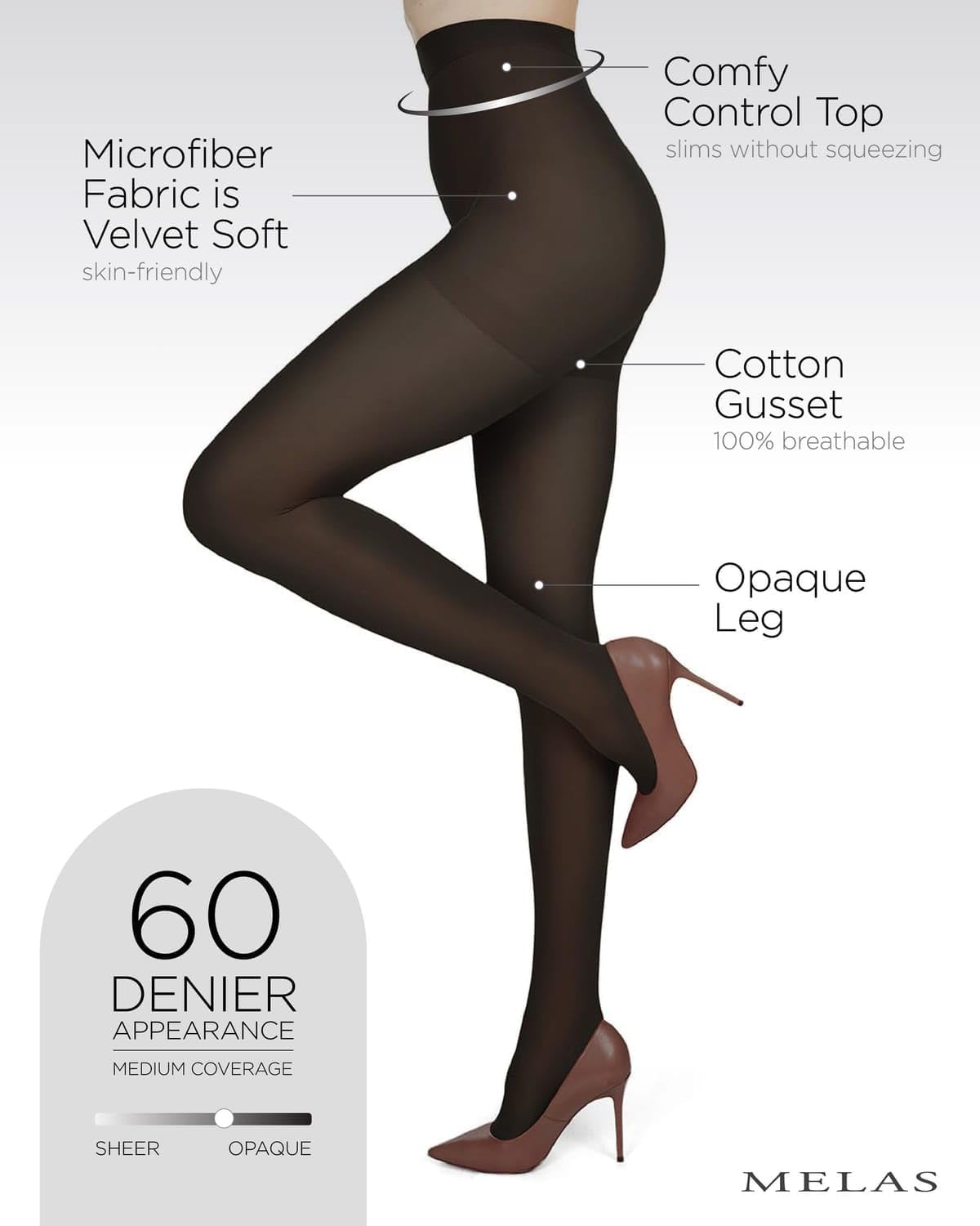 Melas 6 Pack of Microfiber Control Top Tights, Comfortable Velvet Soft Opaque Tights, 60 Denier - Sizes XS to Q2 - Image 3