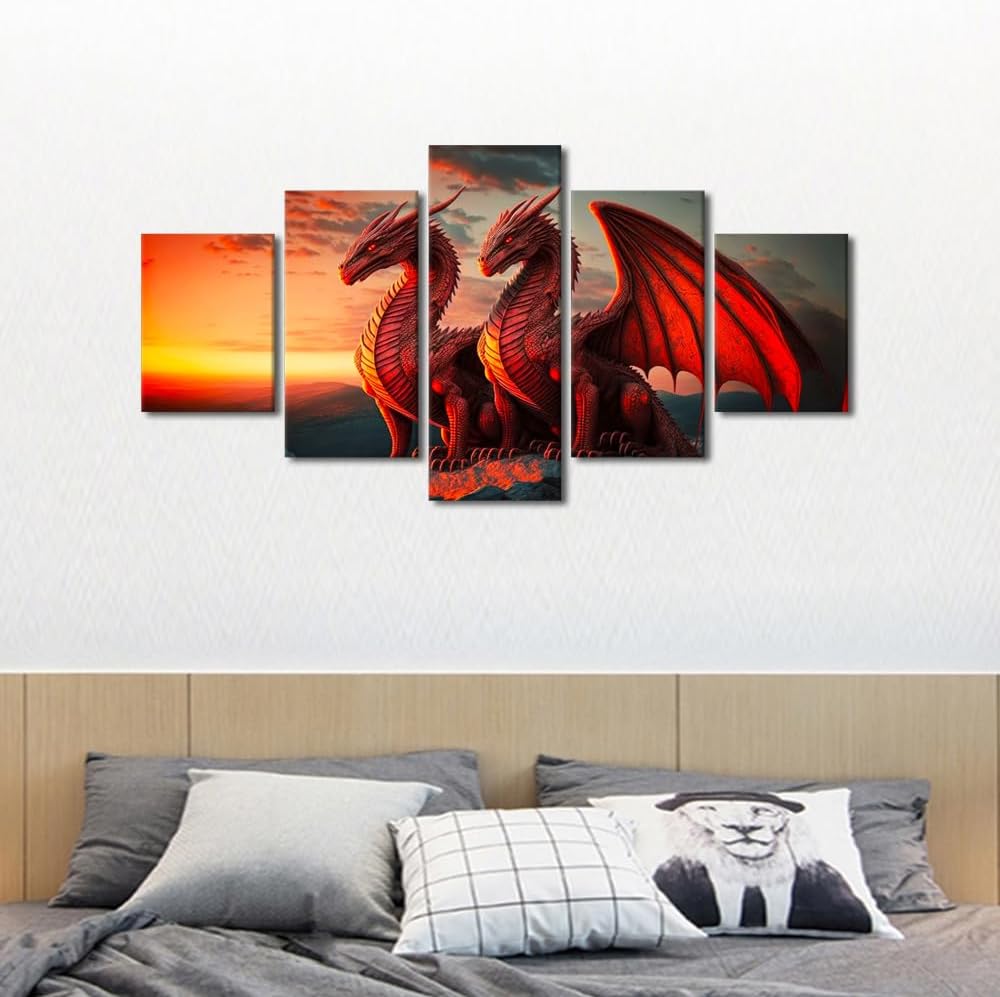 5 Pieces Dragon Wall Art Red Dragon Artwork Wall Decor Canvas Wall Art Framed Wall Art Western Dragon Prints on Canvas Wall Paintings Animal Posters Home Office Room Wall Decor, 60" Wx32 H