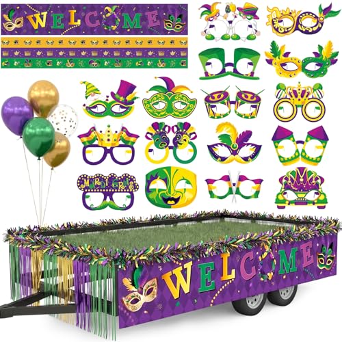 Capoda 128 Pcs Mardi Gras Wagon Float Decorations Kit - Parade Float Decor Wagon, Include Purple Gold Green Fringe Curtains, Banner, Balloons, Eyeglasses & Garland - Carnival Masquerade Party Supplies