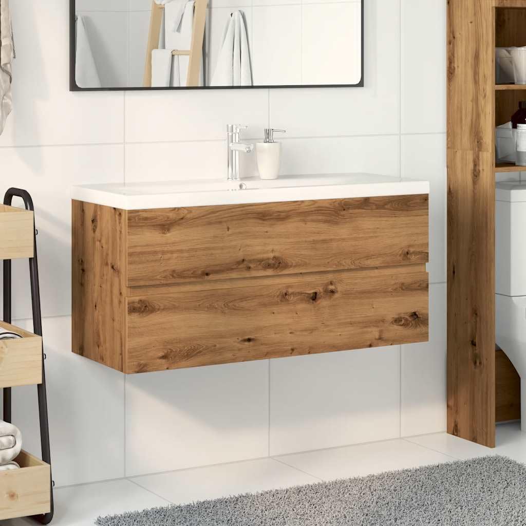Mobile sottolavabo con lavabo da incasso, in legno di quercia Artisan, 100 x 38,5 x 45 cm, mobile da bagno con cassetto e ripiano per ospiti WC e bagno