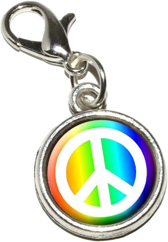 Peace Sign Symbol - Rainbow Antiqued Bracelet Pendant Zipper Pull Charm with Lobster Clasp