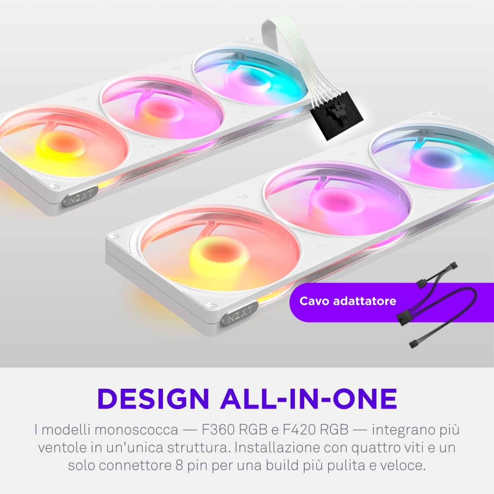NZXT F420 RGB - Ventola RGB PWM Monoscocca 420mm - Bianco | Unità monoscocca 420mm con tre ventole RGB PWM 140mm. RGB vivace e cuscinetti fluidodinamici per raffreddamento silenzioso.