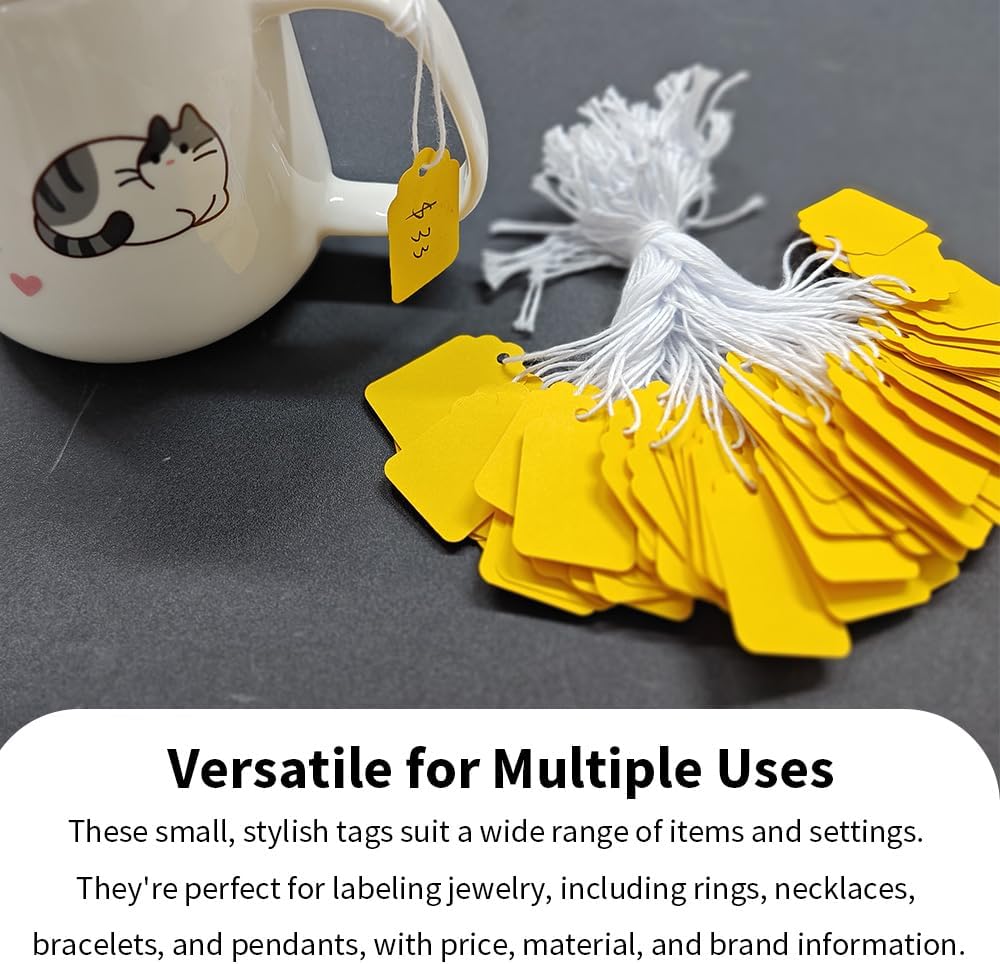 600 Pcs 1.38'' x 0.87'' Yellow Blank Jewelry Price Tags with String Attached Retail Paper Gift and Sale Hang Tag Handwritten Price Display Lables for Pricing Clothes Necklace & Merchandise