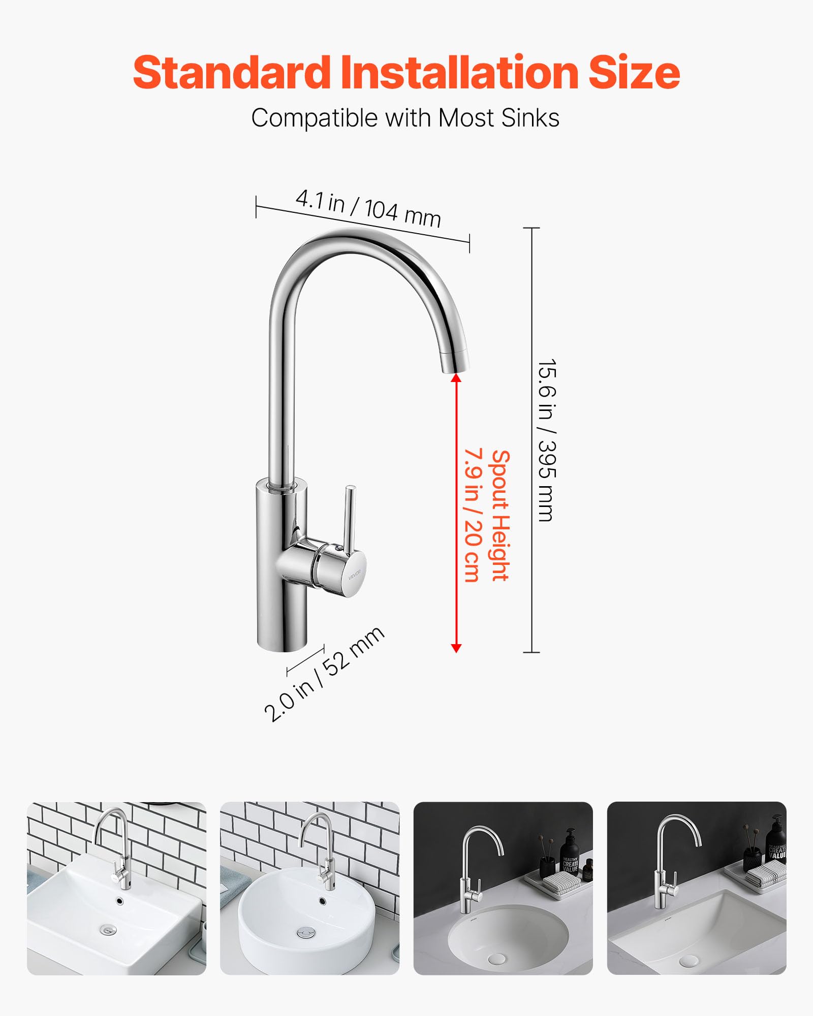 VEVOR Grifo de Lavabo sin Contacto para Baño, Grifo Automático Manual con Sensor para Lavabo e Inodoro, Cuello de Cisne, Cromado Plateado, Resistente a la Corrosión, 104 x 52 x 395 mm, 7,6 L/min