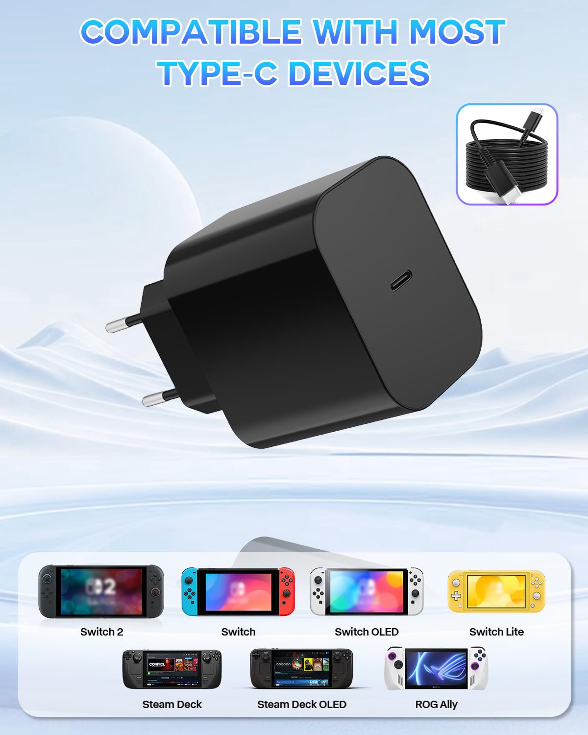 Cargador para Switch 2, Adaptador de Corriente para Switch 2 Dock y Controlador Pro/Switch Lite, Adaptador de 60W Carga Rápida Compatible con Modo TV/Switch/Switch OLED