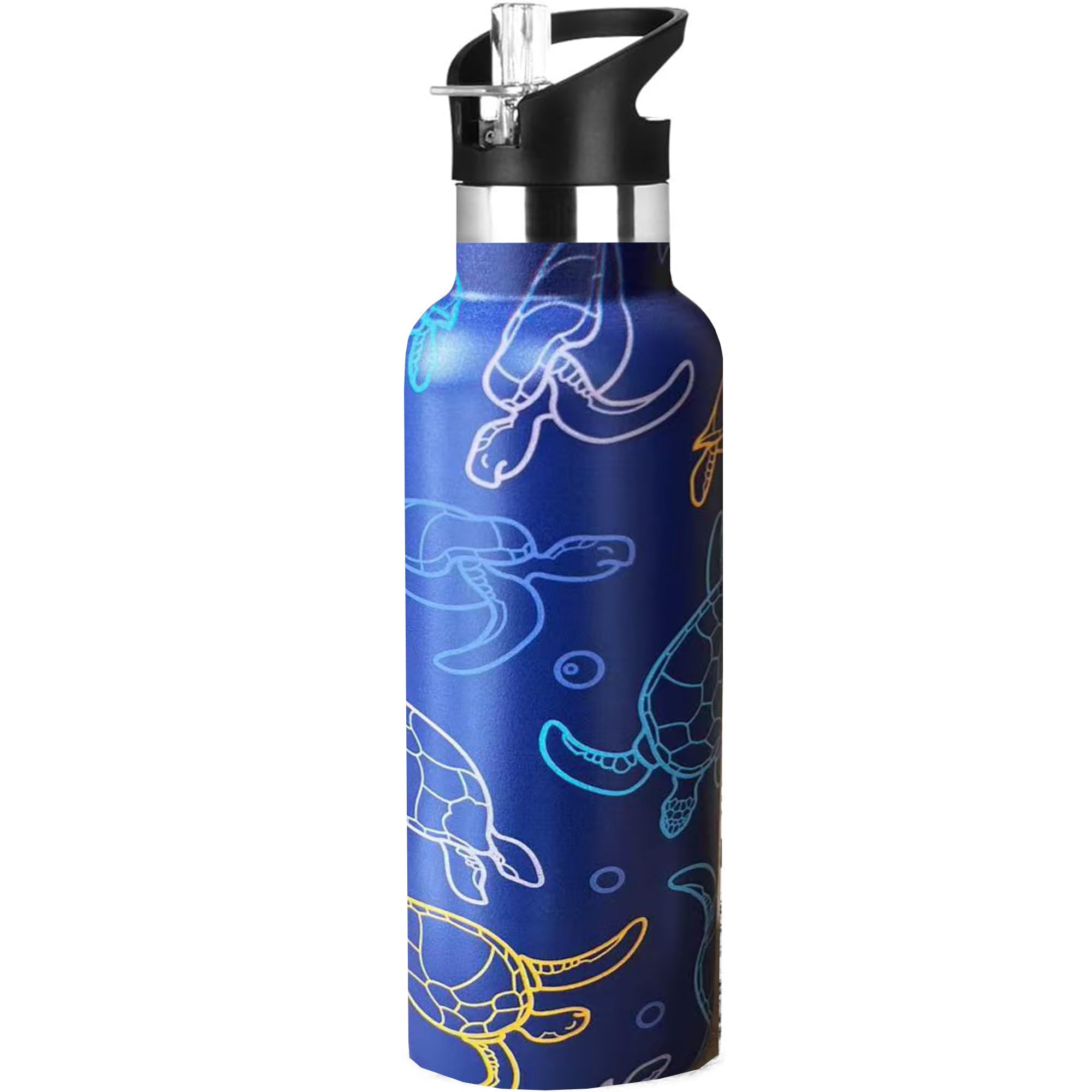 Bofemgt Turtle Sport Water Bottle with Straw, Vacuum Insulated Stainless Steel Thermal Drinking Travel Mug Cups For Gym Fitness Camping-20oz/600ml
