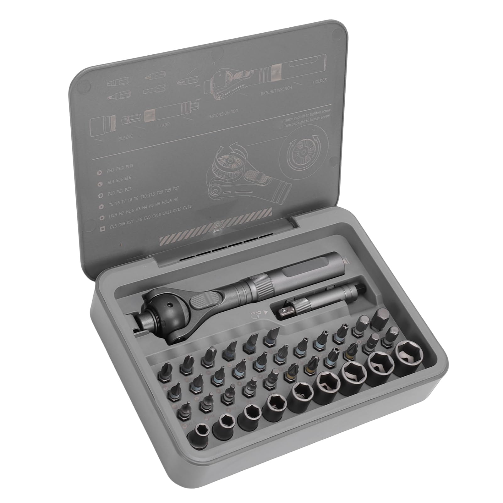LiebeWH Zestaw Wkrętaków Magnetycznych z grzechotką 40 w 1 S2 Steel Wkrętak Grzechotkowy z 45 Zębami i głowicą obrotową 180 28 Bitów do Naprawy Elektroniki Domowy montaż Mebli