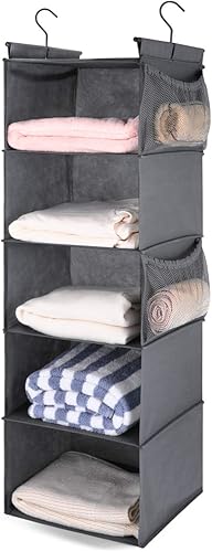 Miniatura 9 de MAX Houser Organizador colgante de armario de 5 estantes, ahorro de espacio, estantes colgantes de armario con (4) bolsillos laterales, plegable