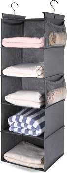MAX Houser 5 Shelf Hanging Closet Organizer, Space Saver, Cloth Hanging Shelves with 4 Side Pockets, Foldable, Grey