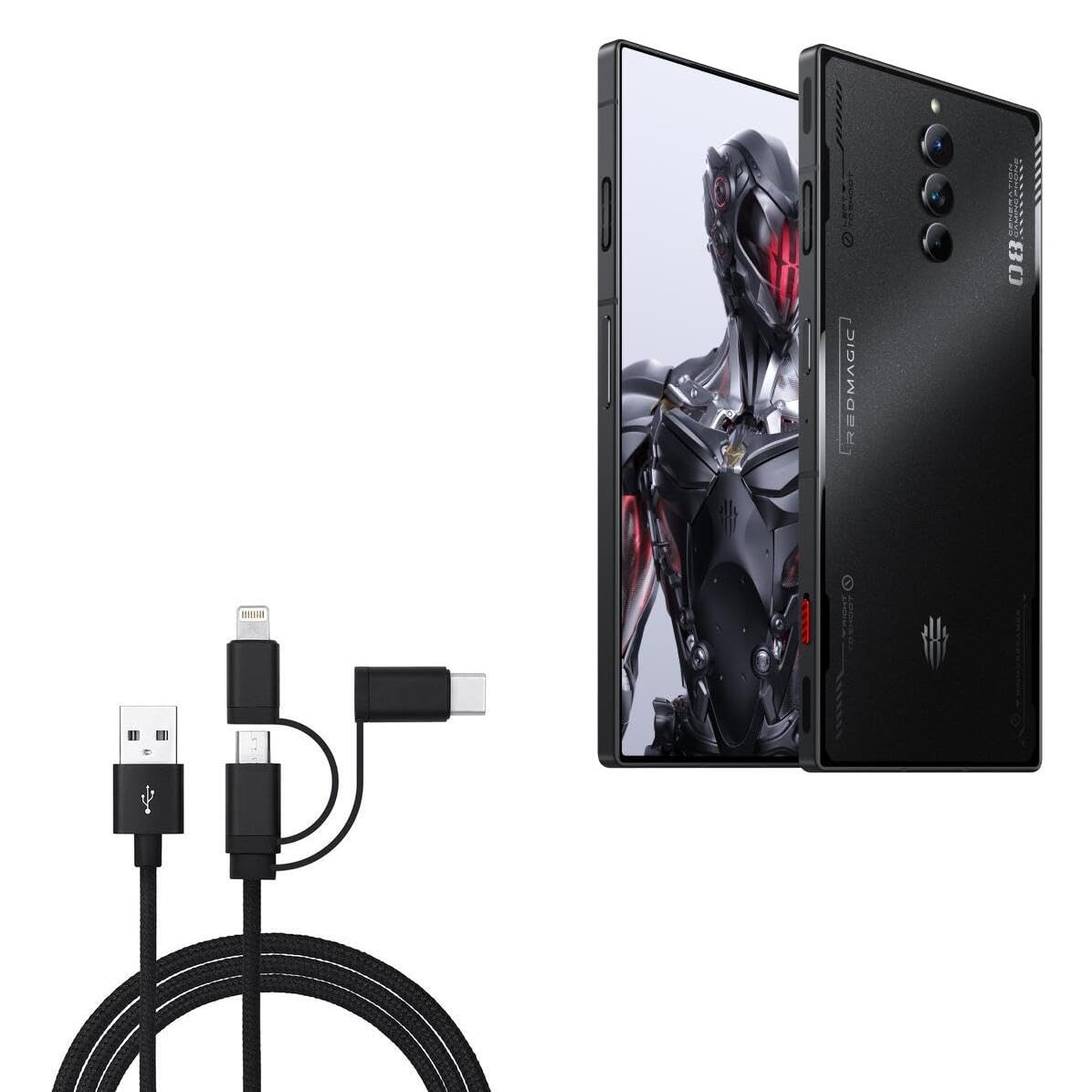 BoxWave Cable Compatible with ZTE Nubia Red Magic 8 Pro+ - AllCharge 3-in-1 Cable for ZTE Nubia Red Magic 8 Pro+ - Jet Black