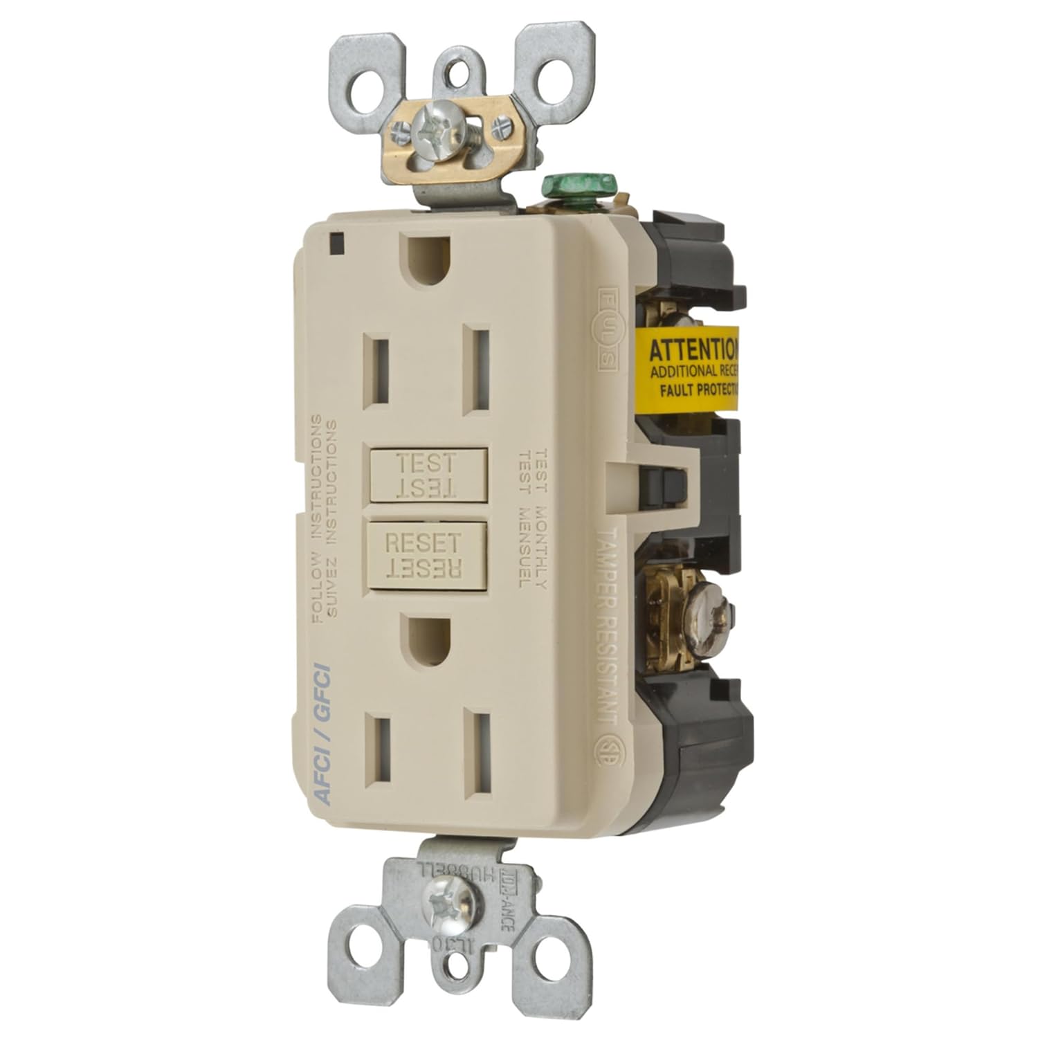 Hubbell - AFGF15TRI - AFCI/GFCI Receptacle, Ivory, 15A/20A, 120V ac, 2-Pole, 3-Wire, (Each)