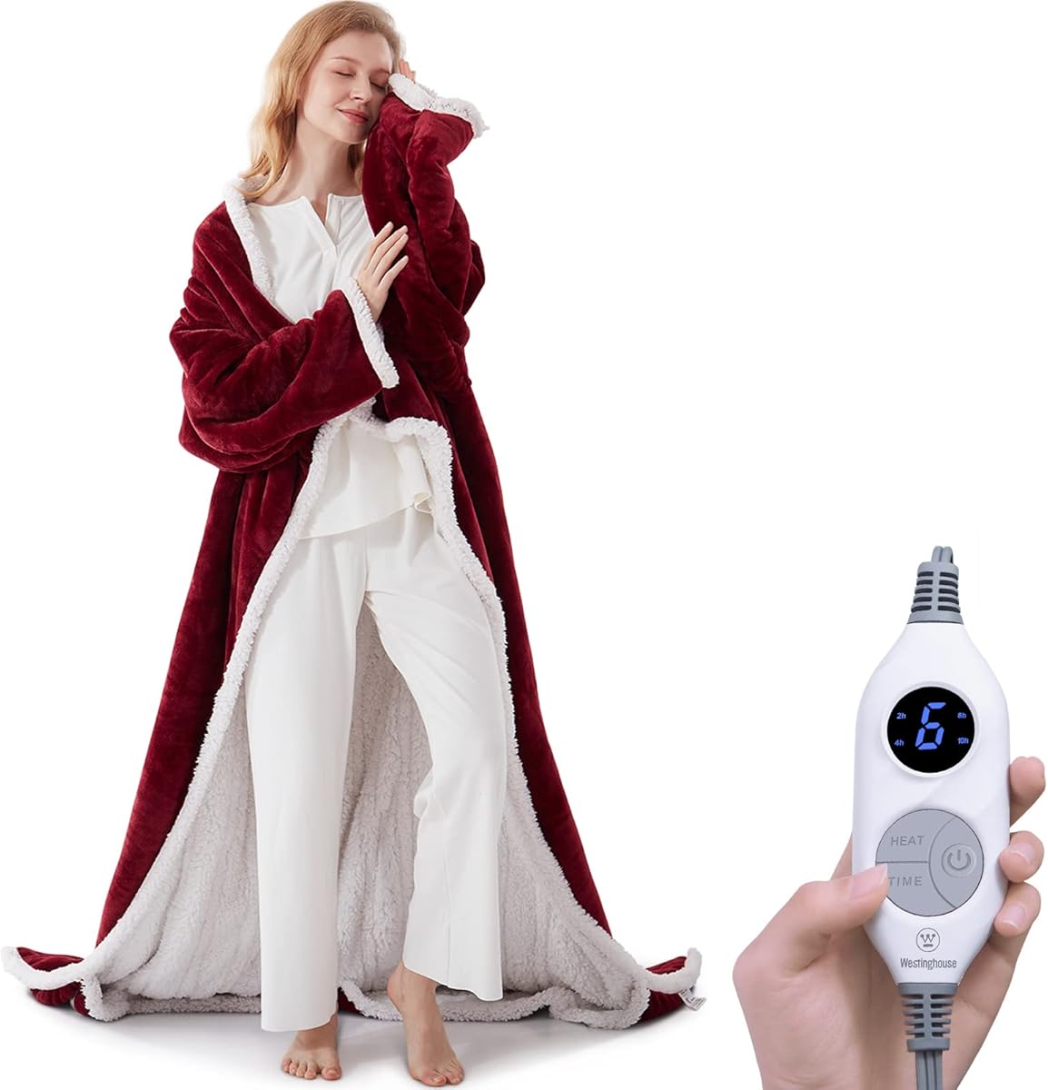 Westinghouse Christmas Electric Snuggle Throw Blankets with Foot Pocket, Wearable Heated Blanket with Sleeves, 6 Heating Levels & 2 to 10 Hours Heating Time Settings, 50 * 70"+18", Red