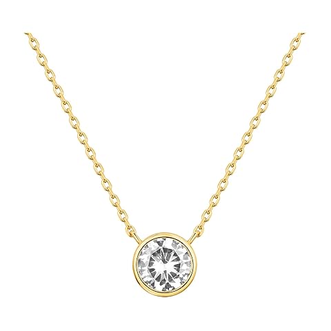 PAVOI 14K Gold Plated Circle CZ Solitaire Necklace | Elegant Bezel Pendant | Dainty Cubic Zirconia Halo Choker Necklaces for Women