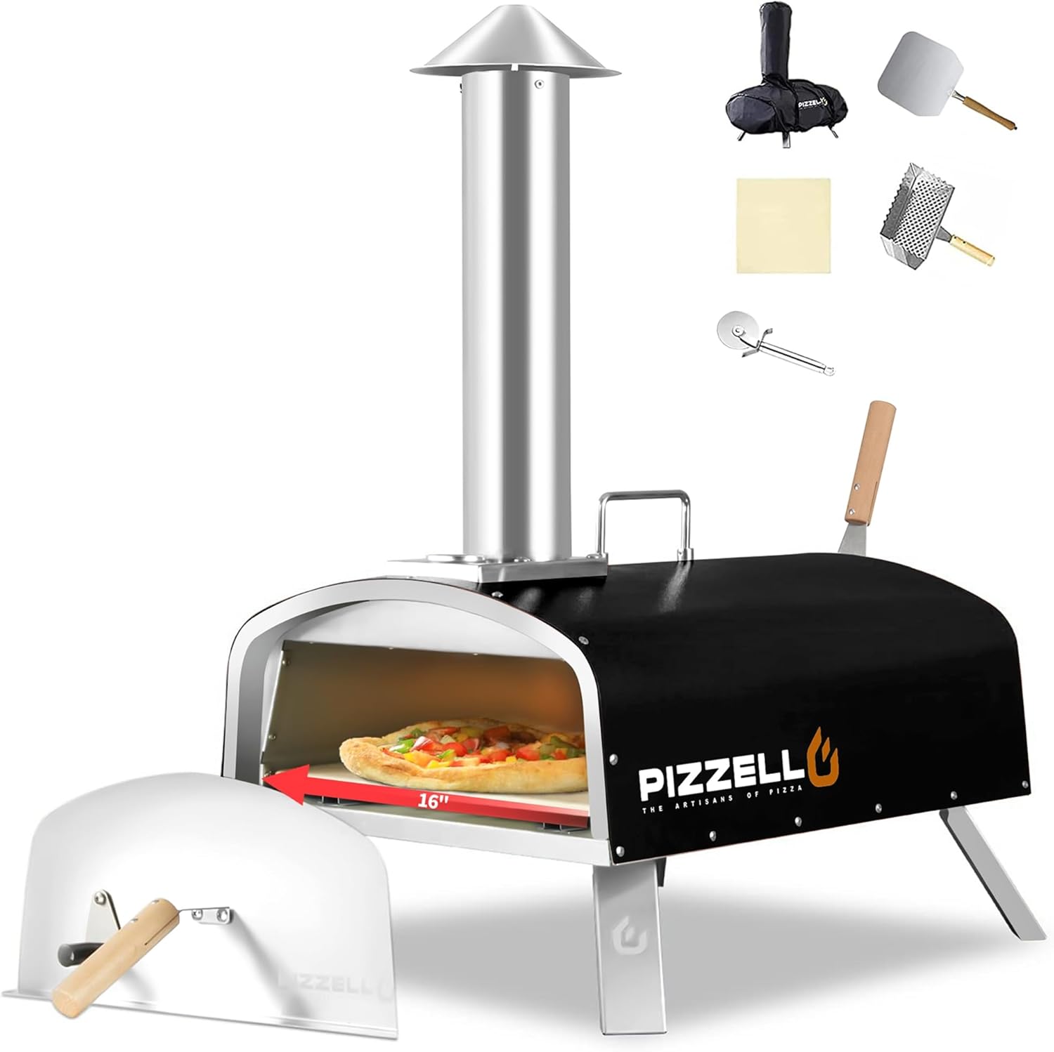 PIZZELLO Outdoor Pizza Oven 16" Wood Fired Pellet Pizza Ovens for Outside Stainless Steel Pizza Oven for Backyard w/Carry Bag, Pizza Stone, Pizza Cutter, Pizza Peel, Pizzello Forte 16, Black