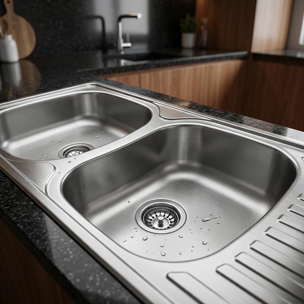 Fregadero de cocina empotrado de acero inoxidable con 2 senos y escurridor, 116 x 50 cm, acabado satinado – Telivo