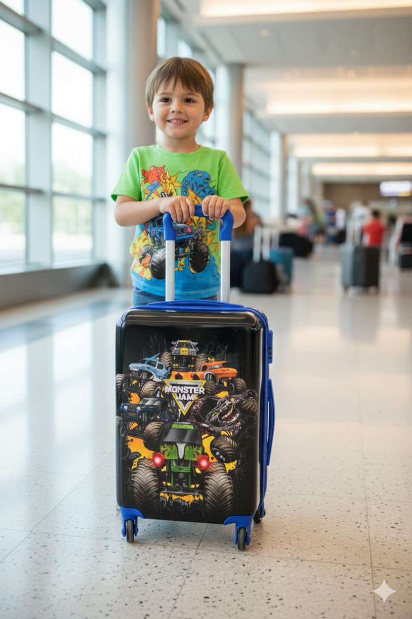 Disney Charcter - Maleta rígida de 20 pulgadas para niños y niñas, bonita y duradera maleta rígida para viajes con ruedas giratorias de 20 x 12 x 8 pulgadas, Monster Jam 50.8 cm, Hard Luggage