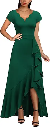 Women's Vintage V Neck Ruffle Split Bridesmaid Party Long Dress