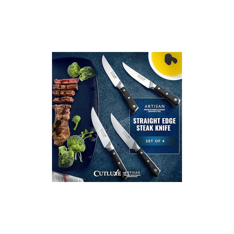 Cutluxe-Steak-Knives-Set-of-4-Straight-Edge-Steak-Knife-Set--Forged-High-Carbon-German-Steel-Full-Tang-Ergonomic-Handle-Design--Artisan-Series Cutluxe Steak Knives Set of 4, Straight Edge Steak Knife Set – Forged High Carbon German Steel, Full Tang, Ergonomic Handle Design – Artisan Series