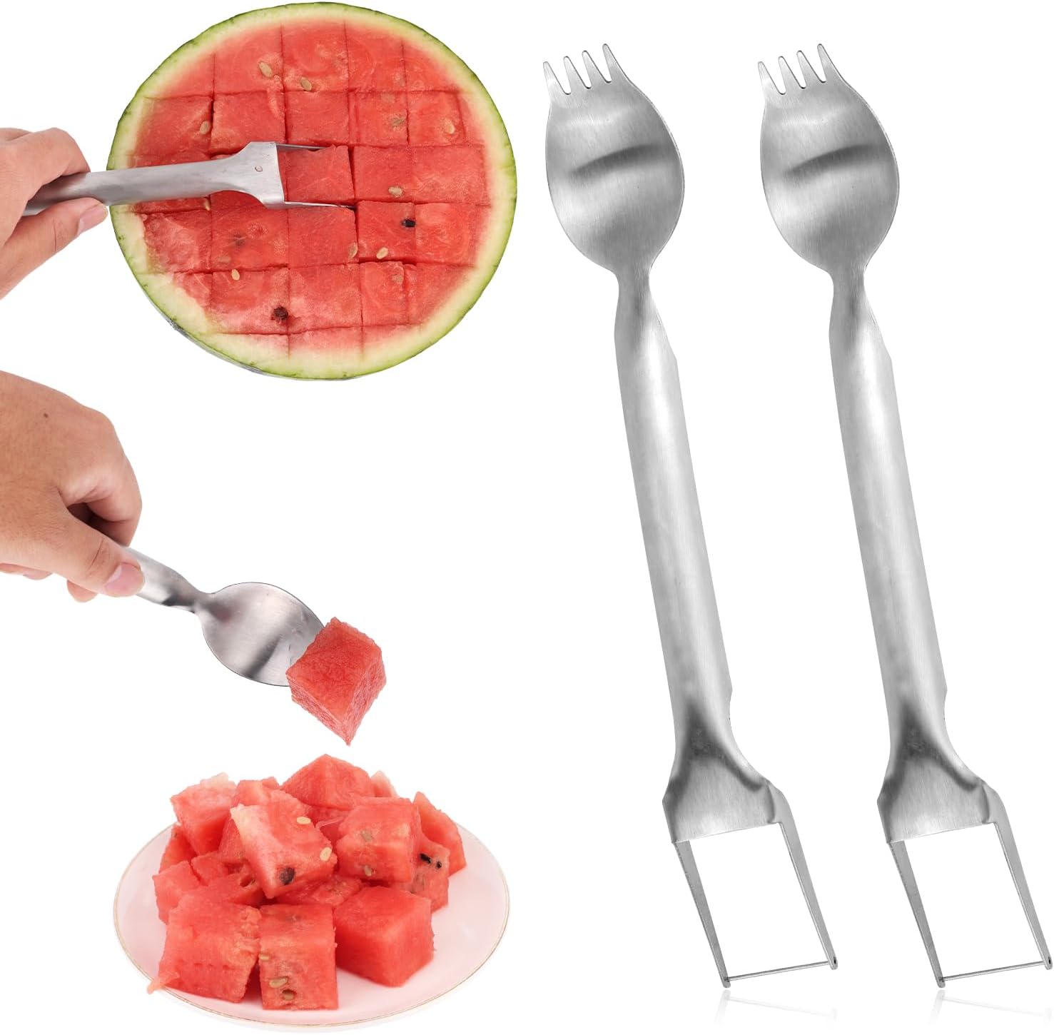 2 Pcs 2-in-1 Watermelon Fork Slicer Cutter, Stainless Steel Fruit Slicer Tool Multifunctional Portable Water Melon Cube Cutter Fruit Fork for Family Gathering Picnic Camping Home Kitchen Gadgets