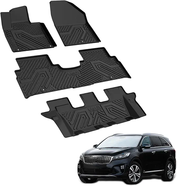LASFIT Floor Mats for KIA Sorento 7 Seats 2020 2019 2018 2017 2016, All Weather TPE Custom Fit Floor Liners for KIA Sorento 1st & 2nd & 3rd Row Car Mats, Black