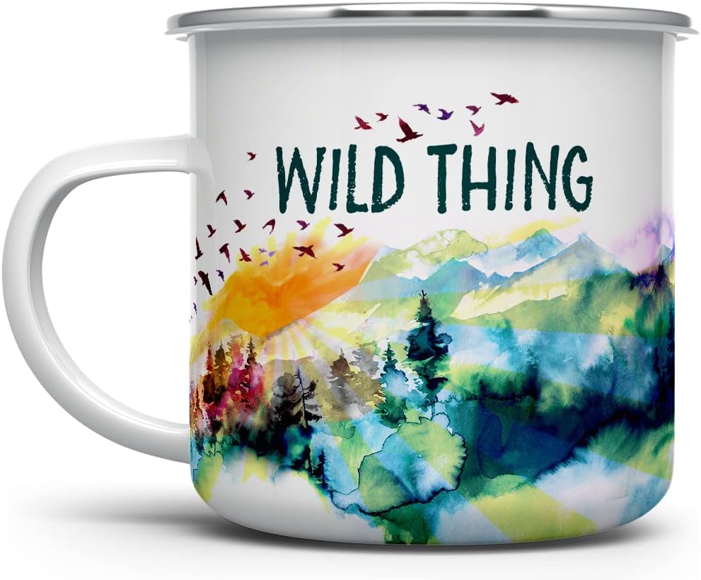 Loftipop Wild Thing Enamel Campfire Mug, Outdoor Adventure Enthusiast Camping Coffee Cup, Wanderlust Mountain Nature Hiking Camp Lover Gift (12oz)