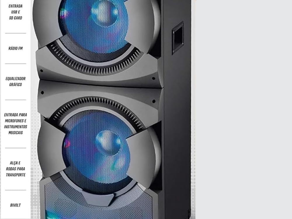 Side view of the Mondial Connect Mega Sound CM-12 Amplified Speaker highlighting features such as USB and SD card input, FM radio, graphic equalizer, microphone and instrument inputs, handle and wheels for transport, and Bivolt power.