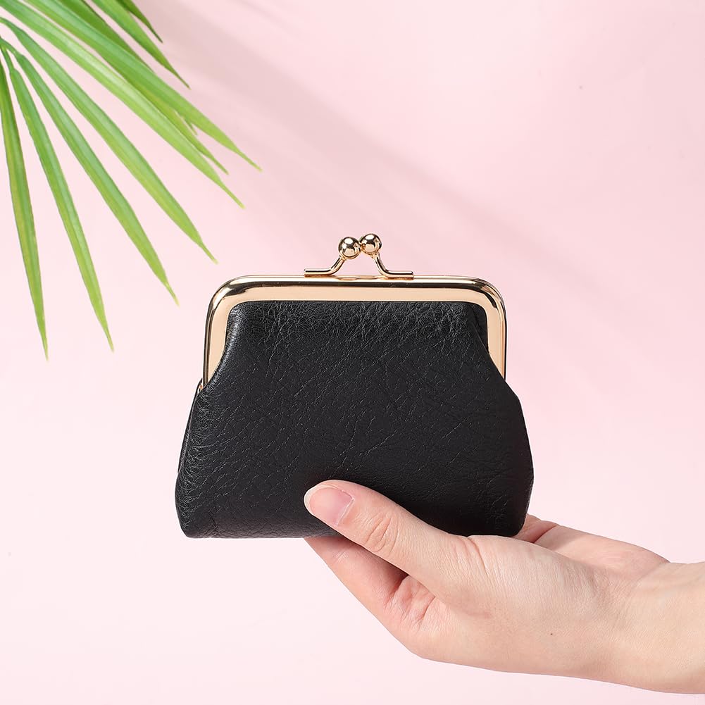 CREATCABIN Black Kiss Lock Mini Wallet Vintage Leather Coin Purse Ladies Money Pocket Metal Frame Compact Hand-held Slim Wallet Gift for Women Men Credit Card Keys Coin Headset Storage 4.1x4.3x1.2in - Image 3